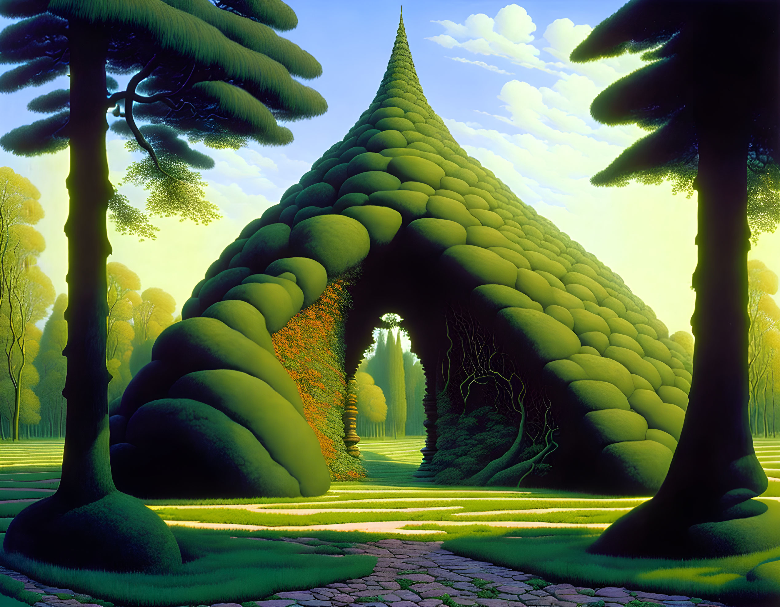 Digital artwork of conical hill, tunnel path, giant trees, lush canopies, bright sky