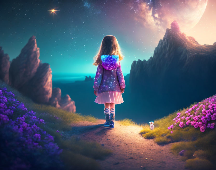 Young girl in cosmic-themed jacket under twilight sky