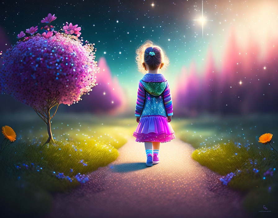 Young girl in colorful outfit in magical starlit landscape