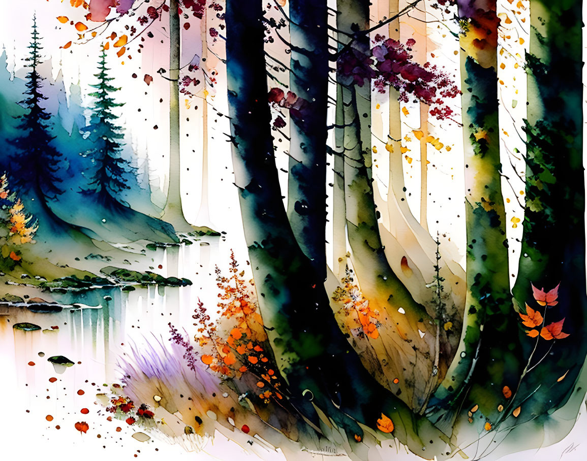 Colorful Watercolor Painting of Forest with River & Sunlight