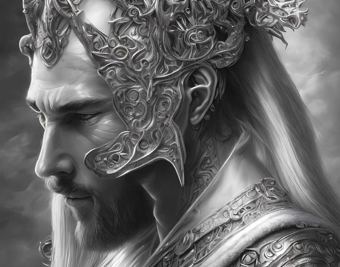 Detailed Monochromatic Elven King Illustration