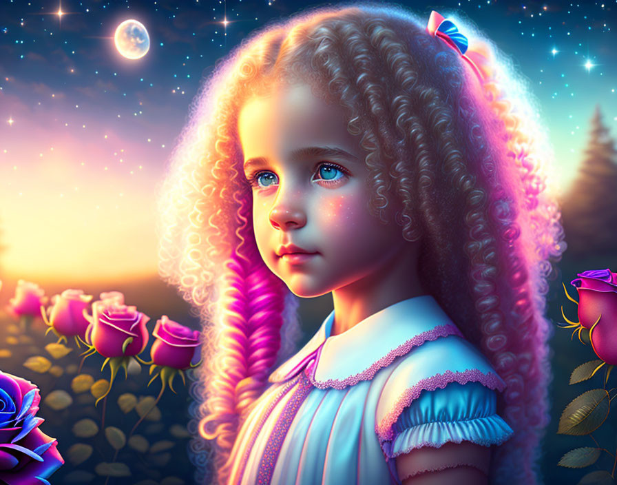 Young girl with curly hair and blue bow in rose garden under crescent moon