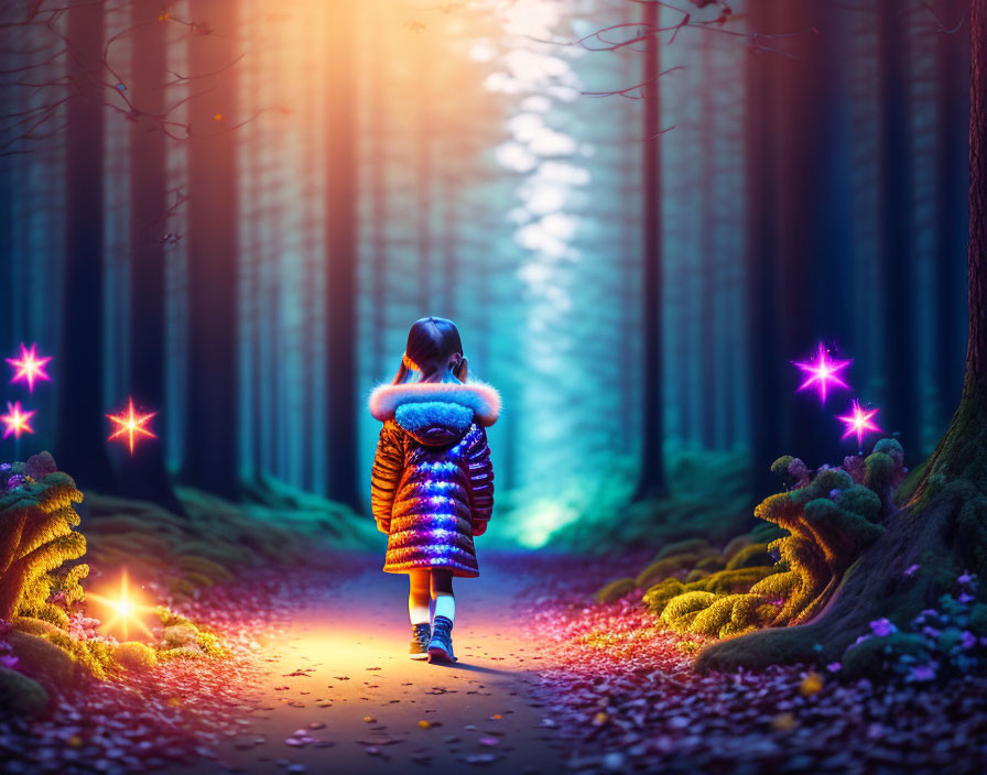 Child in mystical forest with sparkling lights