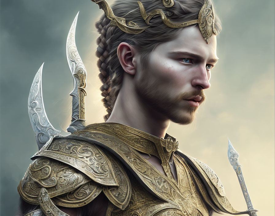 Regal character in golden armor with braided hair and spear against cloudy backdrop