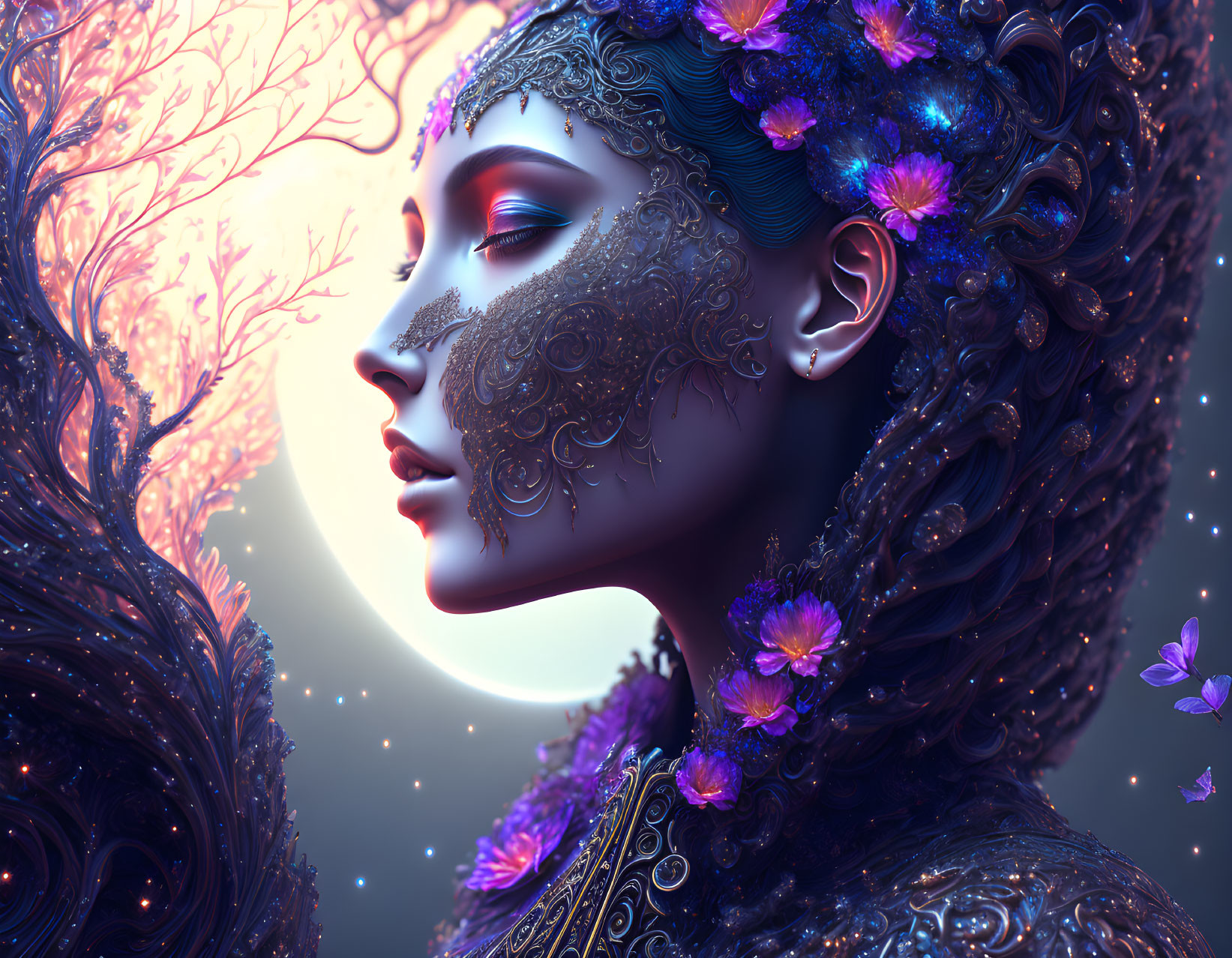 Fantasy-themed digital art of a woman with blue and purple hues, floral patterns, and moonlit