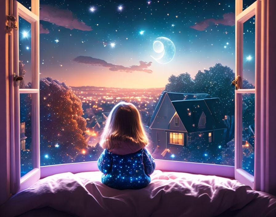 Girl sitting by window at night looking at starry sky and crescent moon over cityscape