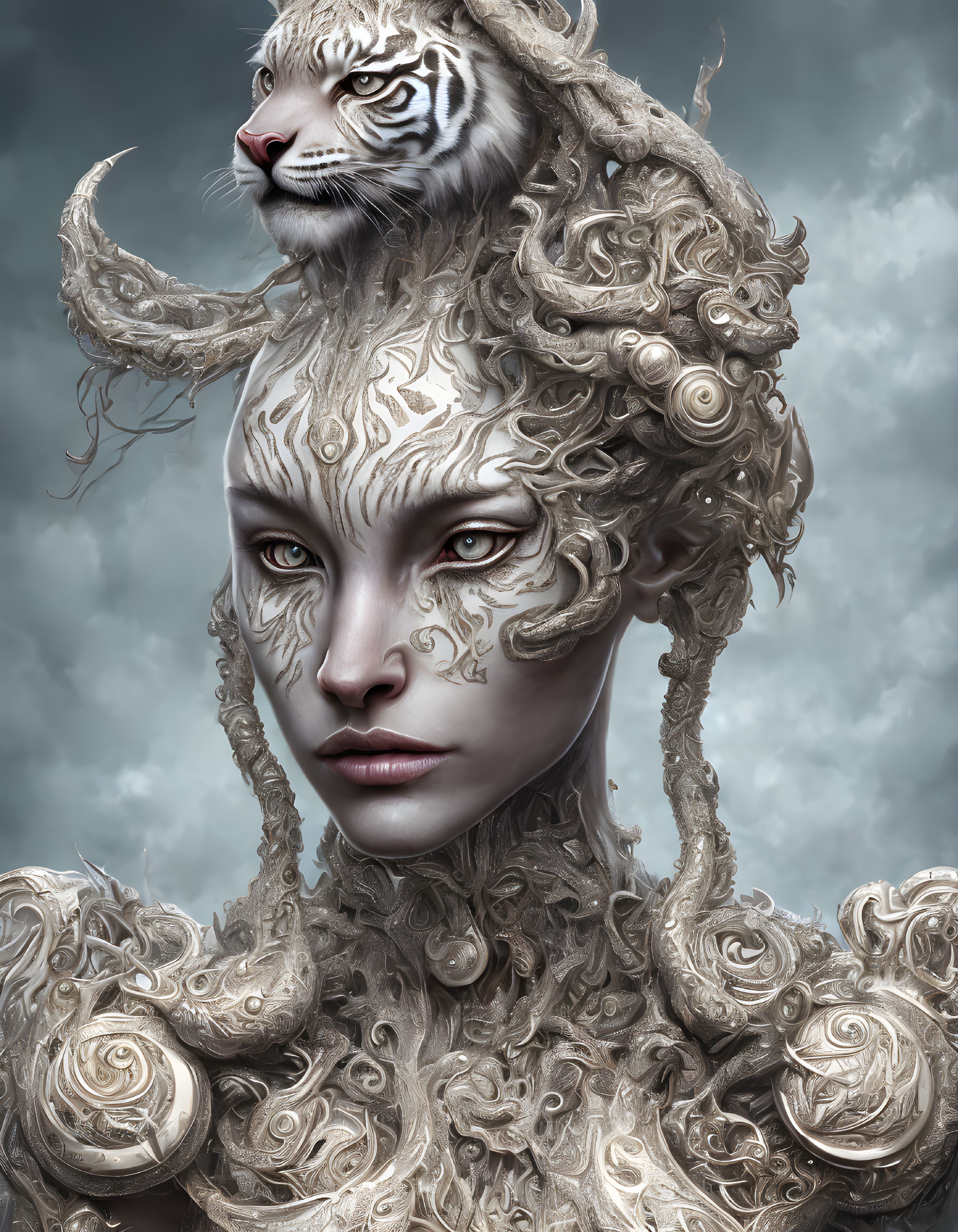 Fantasy portrait of woman with metallic patterns and white tiger crown