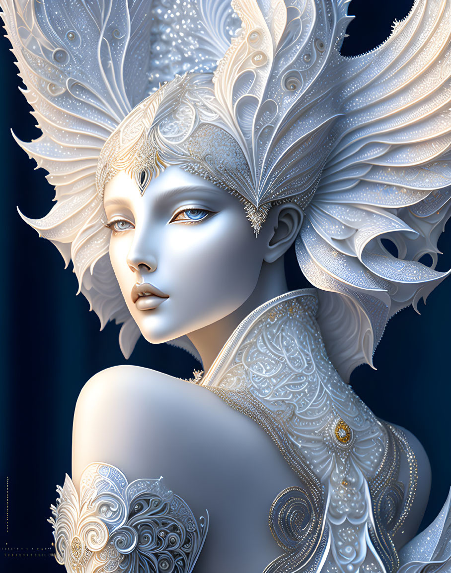 Fantasy woman portrait with pale skin and blue eyes in ornate white headdress