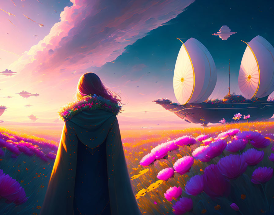 Cloaked figure in pink flower field under purple sunset with floating ships