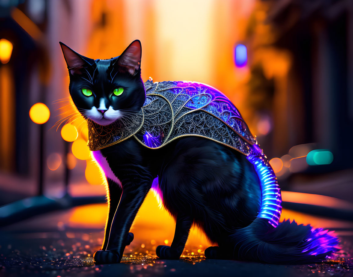 Black cat with green eyes in fantasy harness on street with bokeh lights