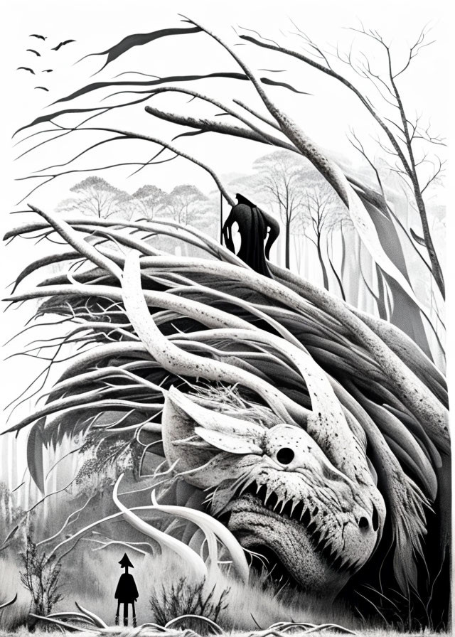 Monochromatic illustration of giant dragon in forest with small human figures