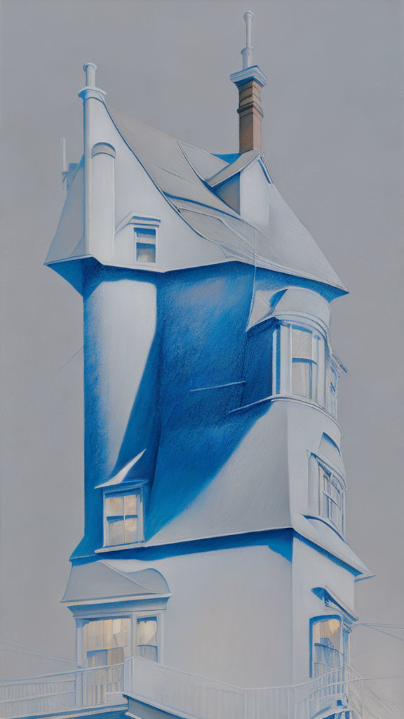 Surreal blue and white drawing of distorted Victorian-style house