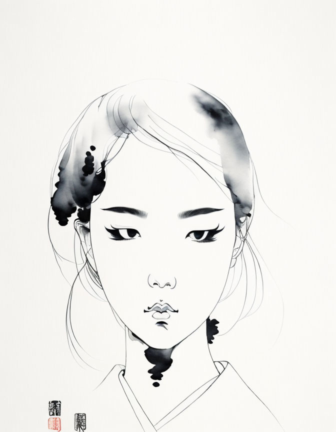 Stylized monochromatic ink illustration of female figure