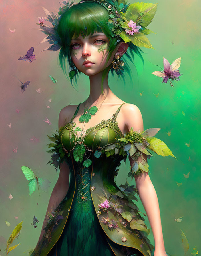 Green-haired fairy surrounded by butterflies and flowers on dreamy background