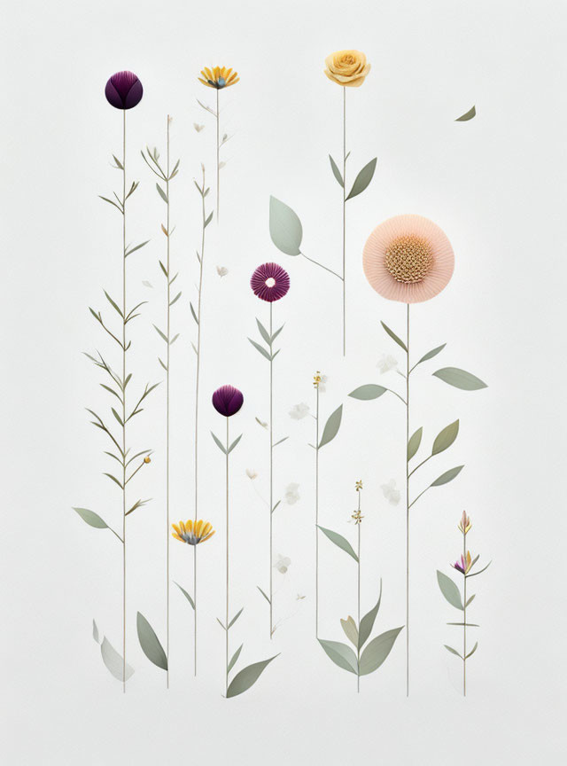 Stylized Vertical Flowers and Plants in Pastel Colors on Light Background