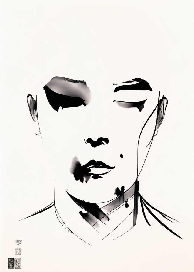 Minimalist Asian-inspired black ink brush strokes art on white background