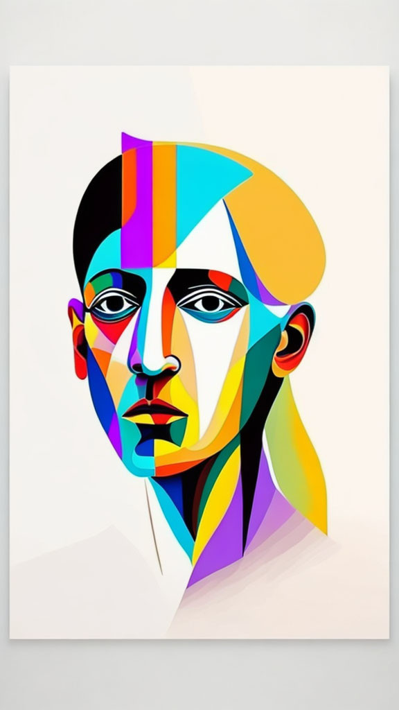 Abstract portrait with geometric shapes and vibrant hues in cubist style