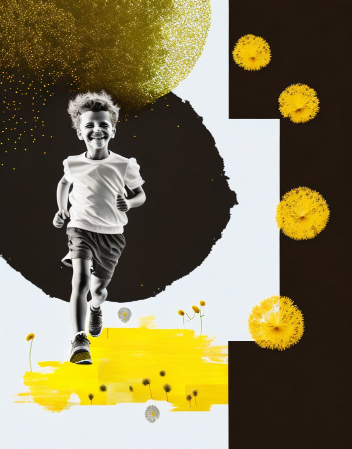 Child running on collage with yellow paint splash & dandelion flowers.