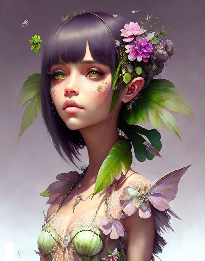 Digital artwork featuring girl with purple hair, green eyes, adorned with flowers and butterflies