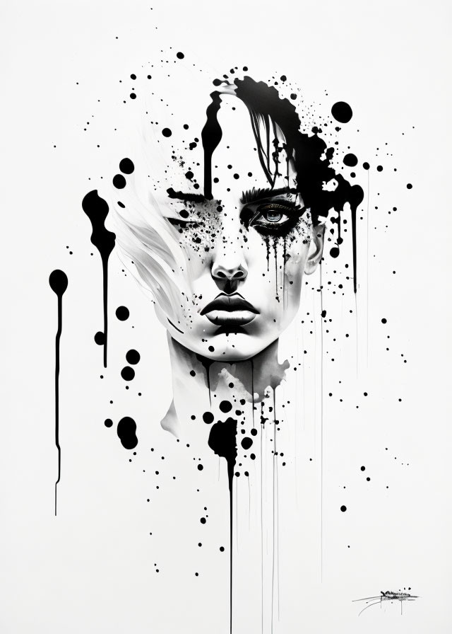 Monochrome artwork: Woman's face with abstract black ink splatters