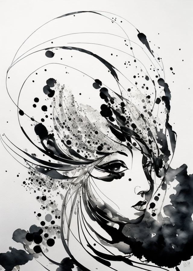 Stylized monochrome female figure with abstract ink swirls and splatters