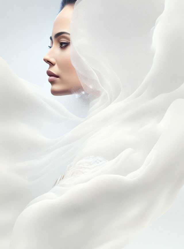 Woman with Dark Hair and Blue Eyeshadow Merging with Flowing White Fabric