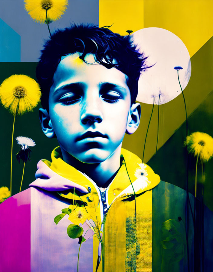 Colorful portrait of boy in yellow hoodie with abstract shapes and dandelions