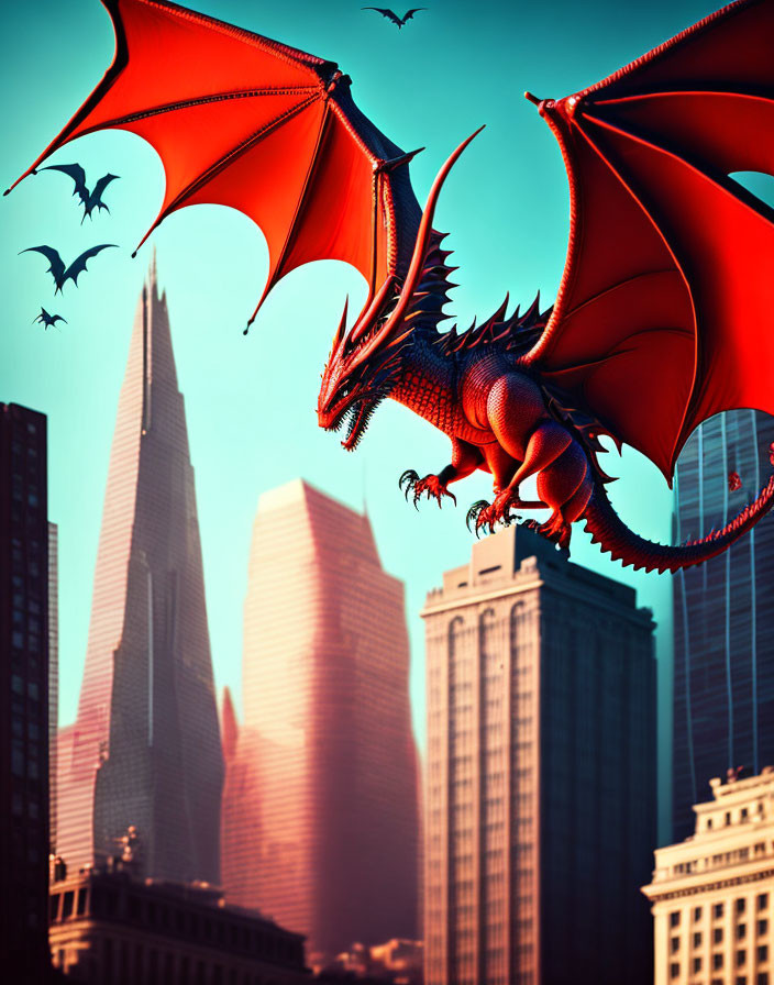 Red dragon soaring over urban skyscrapers with smaller dragons in the backdrop