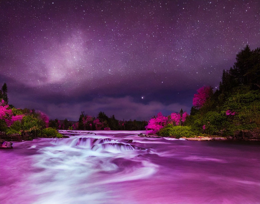 Starry night sky over river with purple Milky Way & pink foliage