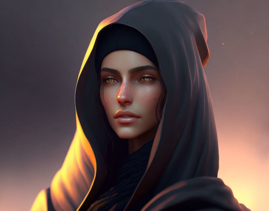 Striking woman in hood against warm backdrop