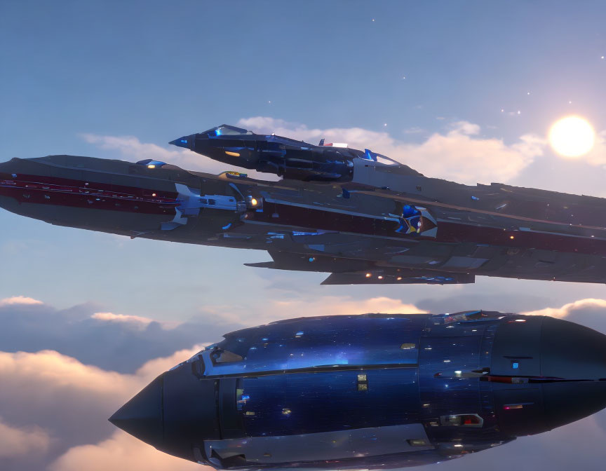 Futuristic spaceships soaring over sunset clouds