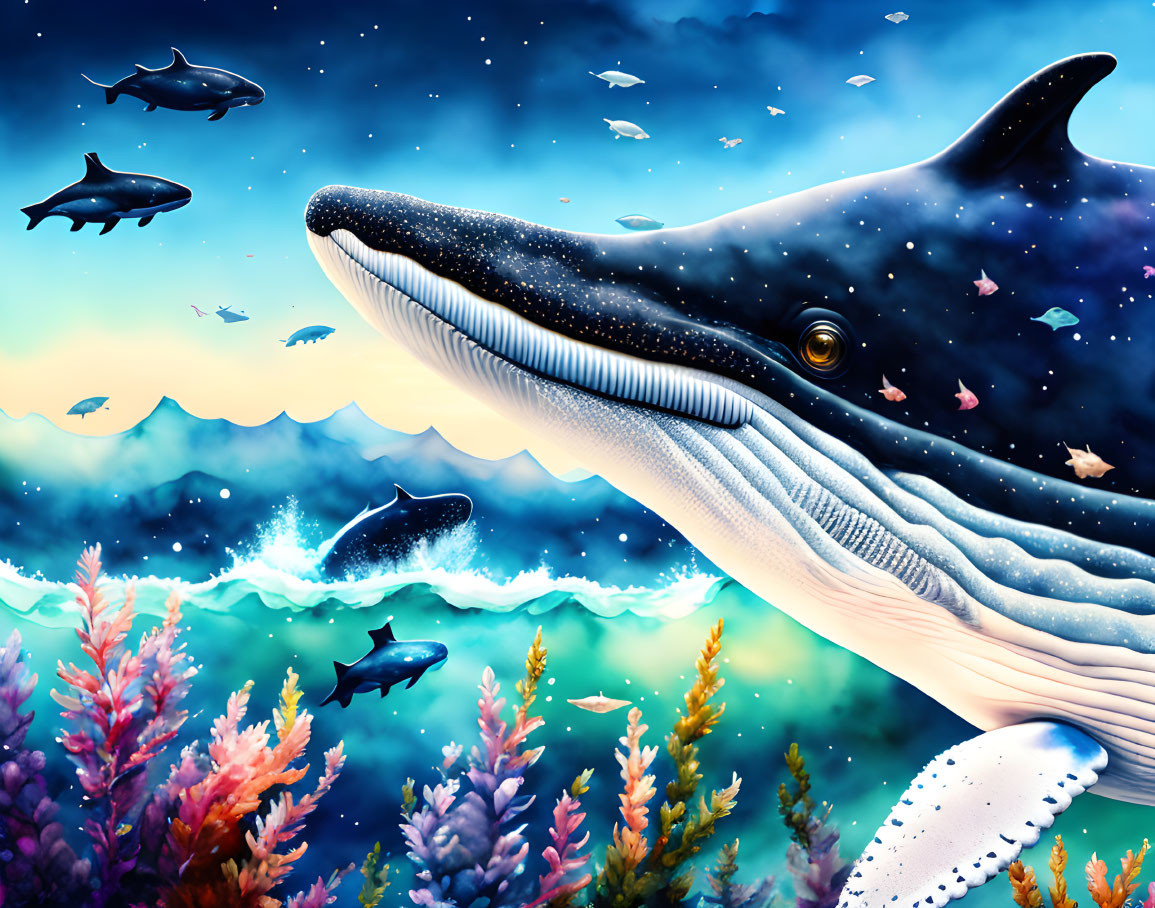 Whale illustration with starry night pattern, fish, coral, and sunset horizon