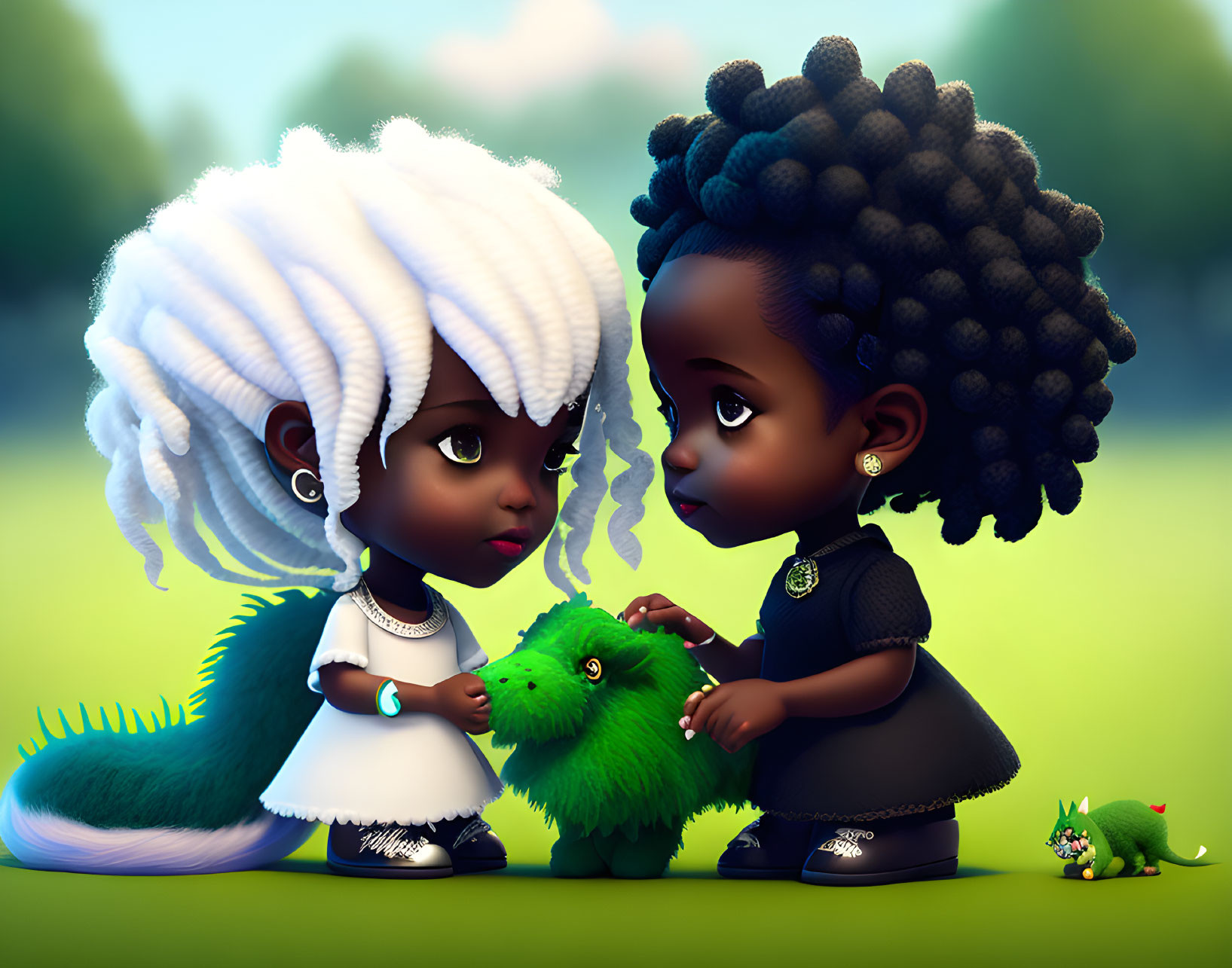 Animated children with voluminous hair petting fluffy green creature in forest scene