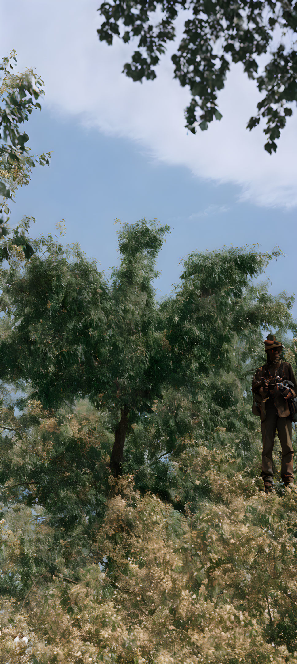 Military person with weapon in lush greenery under clear sky