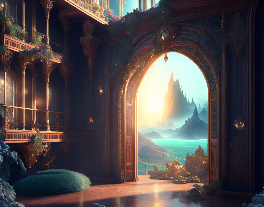 Elegant interior with ornate archway overlooking tranquil sea at sunset