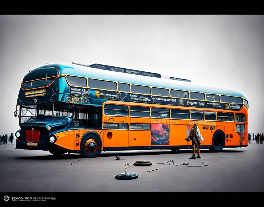Vintage-style double-decker bus in blue and orange with person cleaning wheel under cloudy sky