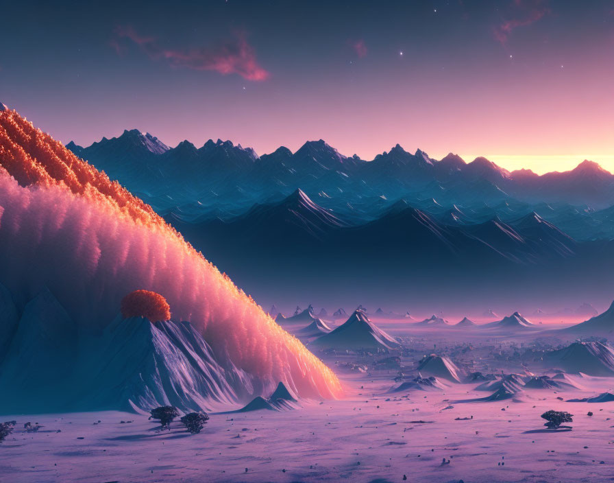 Snow-covered plains, pink mountains, starry sky, lone tree with orange foliage