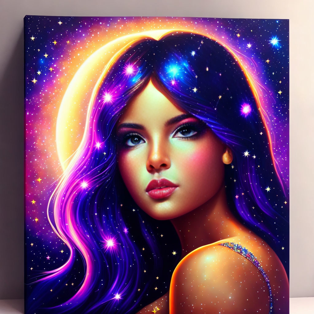 Portrait of woman with purple and blue galaxy-themed hair on cosmic background