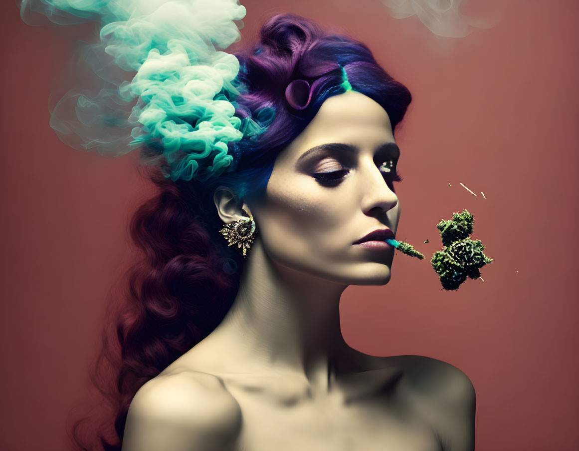 Vibrant multicolored hair woman exhales green leaves smoke.