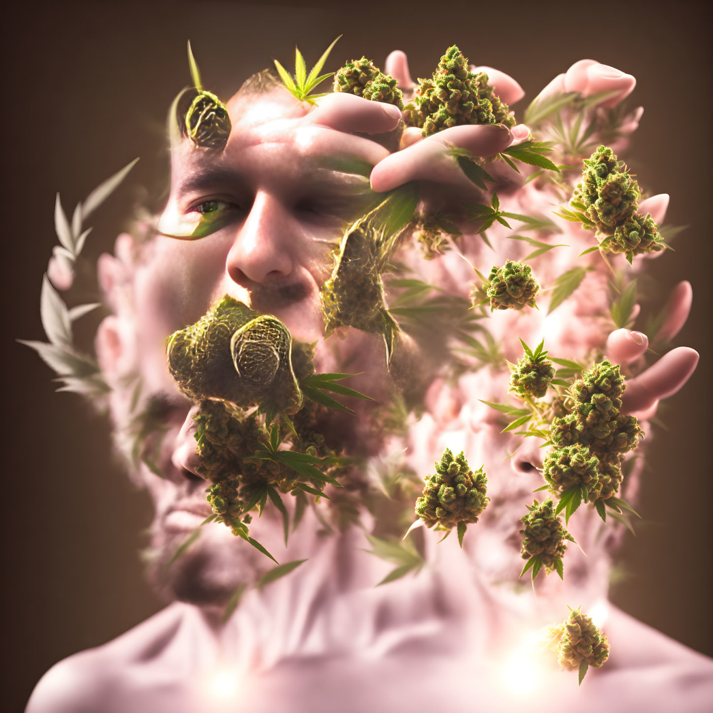 Bearded person with cannabis leaves in surreal portrait