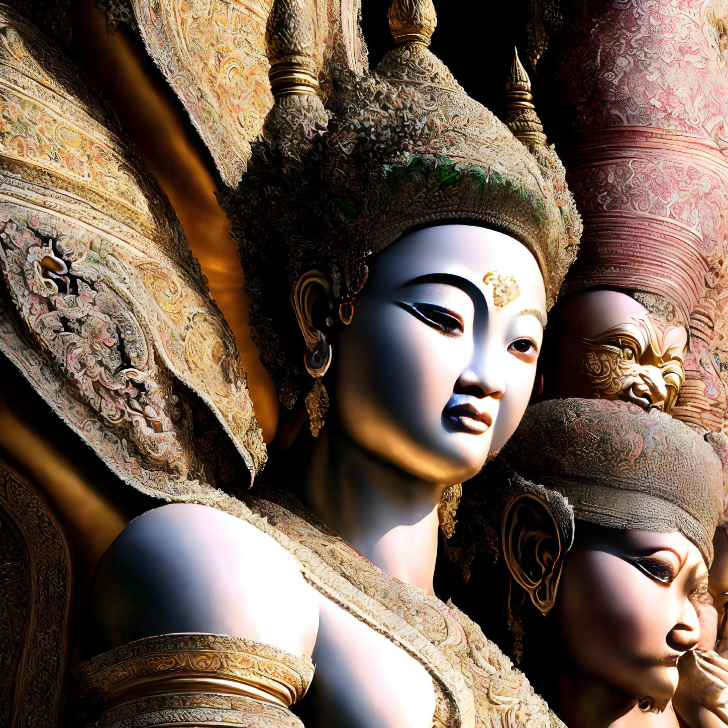 Detailed Close-Up of Ornate Golden Statues with Serene Faces