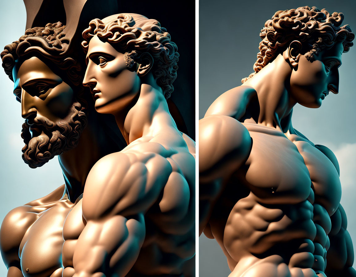 Detailed sculptures of muscular figures in warm lighting showcasing classical beauty.