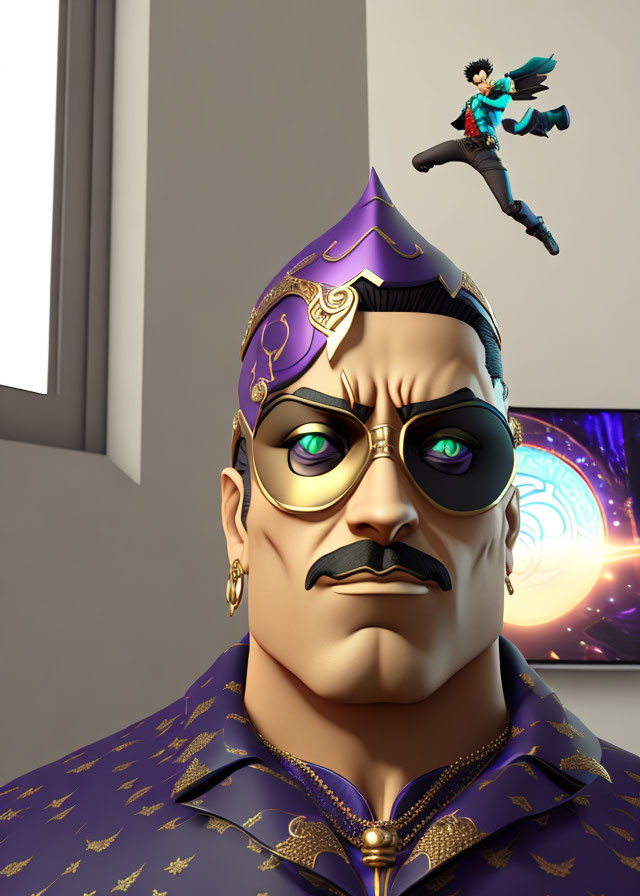 Stylized 3D image of man with crown, glasses, and expressive features