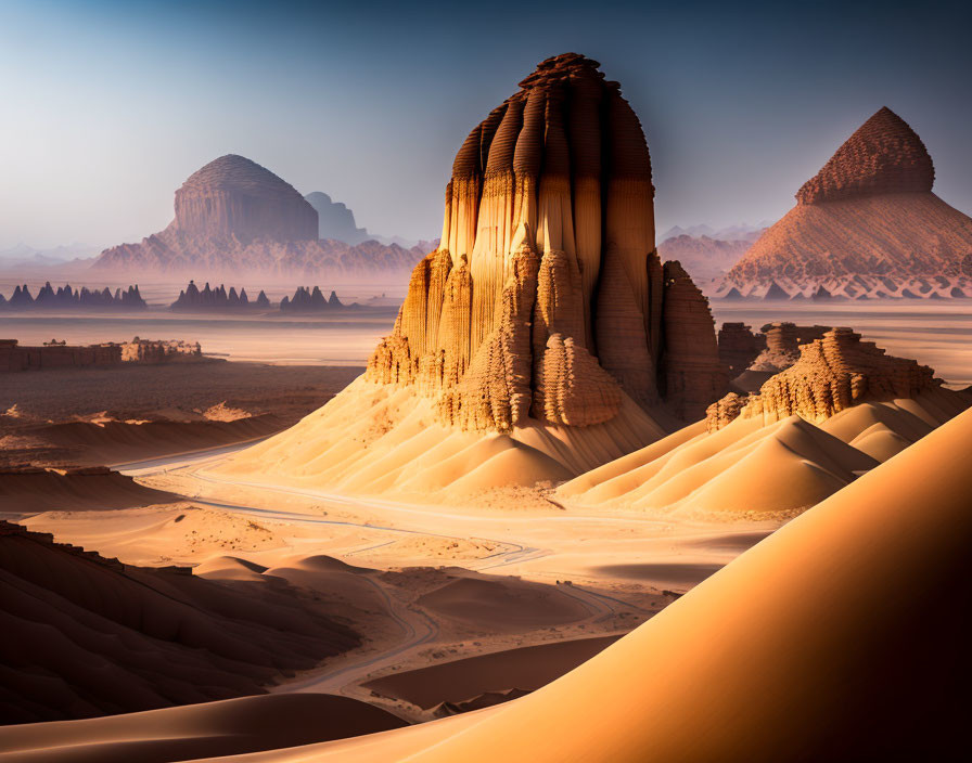 Surreal desert landscape with sandstone formations, dunes, roads, and pyramids