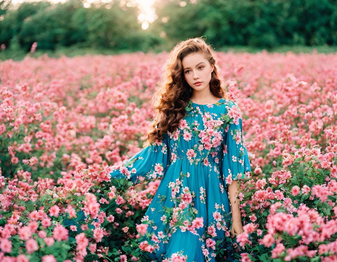 Young woman in floral blue dress in pink flower field at golden hour