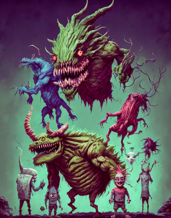 Colorful Illustration of Diverse Monsters: Horned Beasts, Undead, and Humanoids