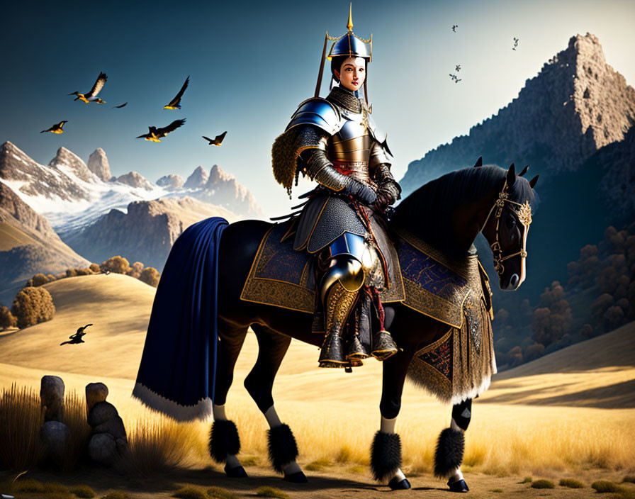 Medieval knight on black horse amidst mountains and birds in flight