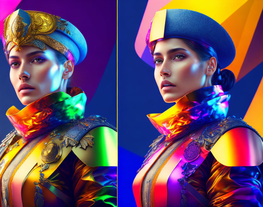 Split-image portrait of woman in futuristic armor with intricate designs and headpiece, against vibrant background