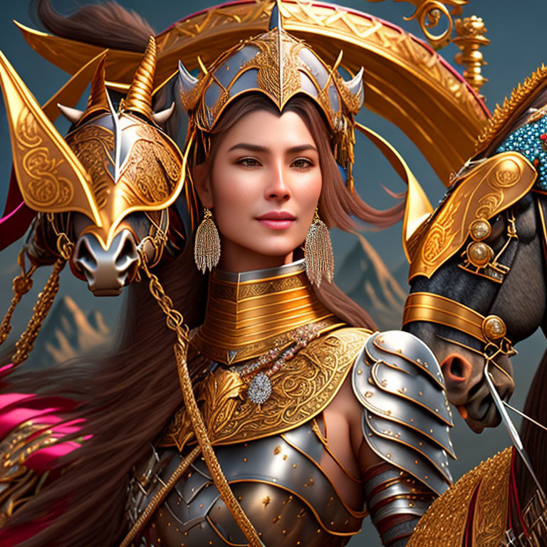 Detailed digital artwork of warrior woman in elaborate golden armor and helmet with horse.