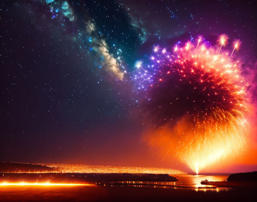 Colorful fireworks over serene lake under Milky Way